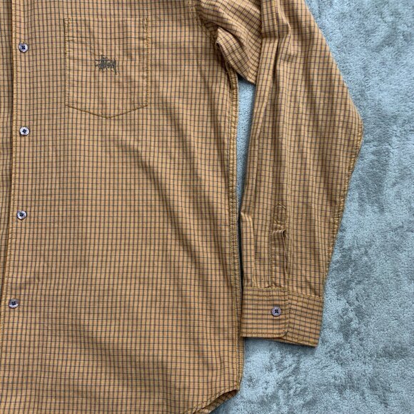 Stussy Shirt Mens Large Button Up Orange Long Sleeve Plaid Check Skater Pocket - Picture 4 of 10
